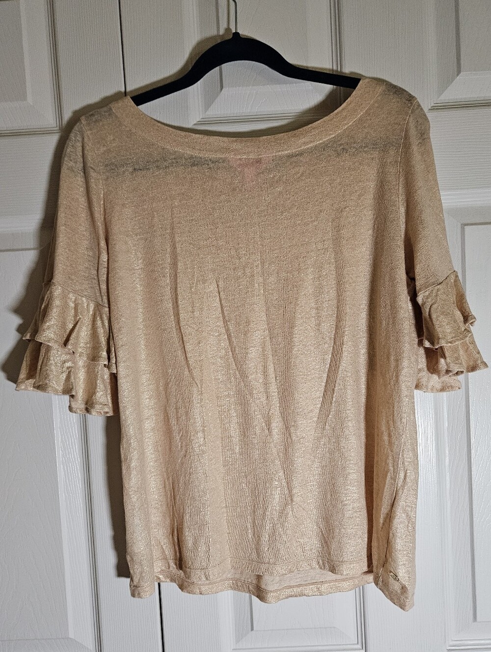 Lilly Pulitzer Lula Sand Dune Metallic Gold Linen Top Flounce Sleeve - Picture 4 of 13